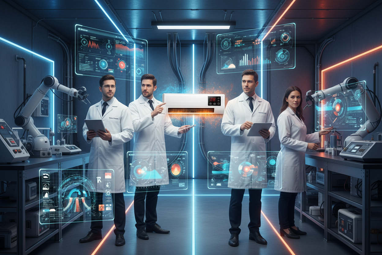 Especialistas recomendando ClimaMax 2 en 1 en laboratorio futurista